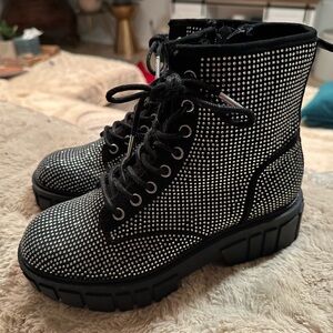 Madden NYC Black Rhinestone Lace-Up Combat Boots with Chunky Lug Sole size 7.5